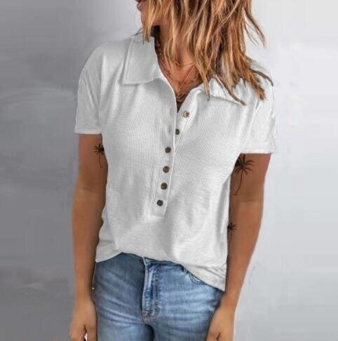 Ribbed Button Lapel Short Sleeve T-Shirt