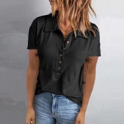 Ribbed Button Lapel Short Sleeve T-Shirt