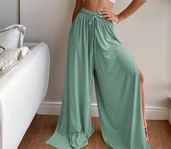 Loose Drawstring Trousers Side Slit Wide Leg Pants