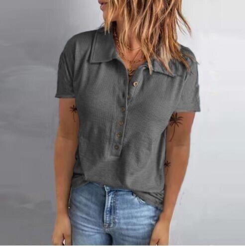 Ribbed Button Lapel Short Sleeve T-Shirt