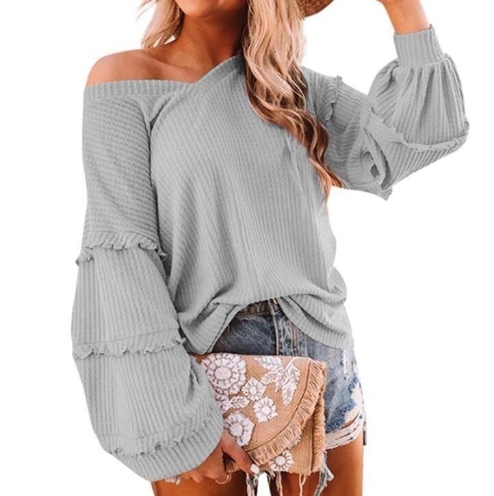 Waffle Ruffled V-neck Loose Sweater