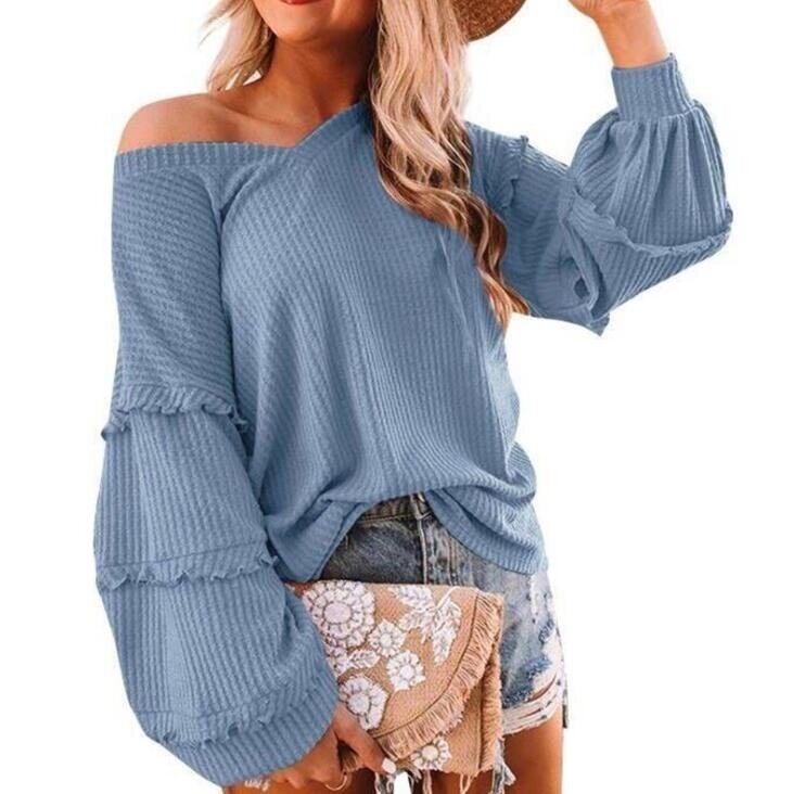 Waffle Ruffled V-neck Loose Sweater