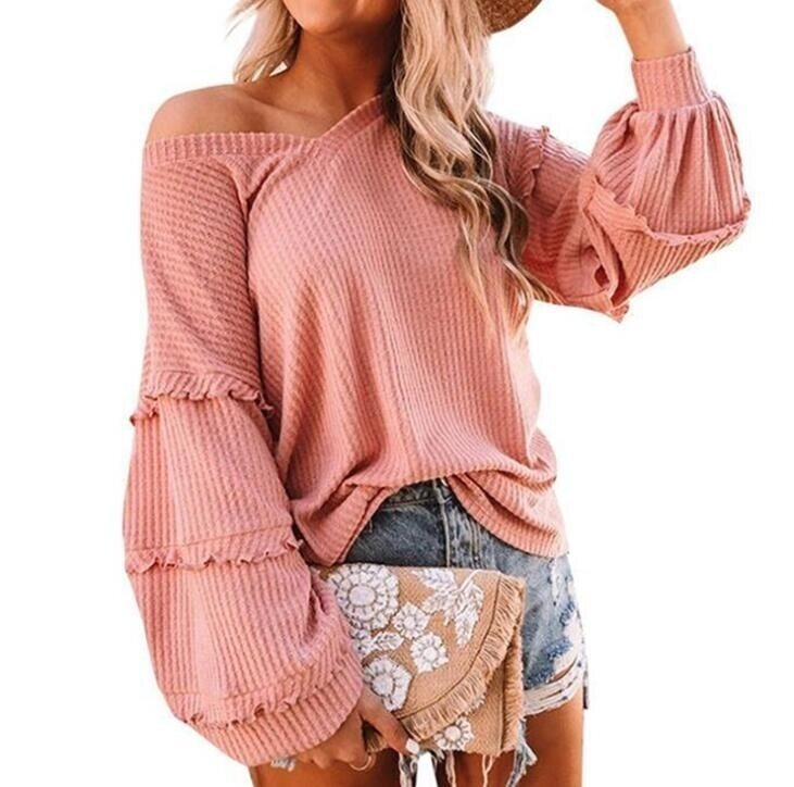 Waffle Ruffled V-neck Loose Sweater