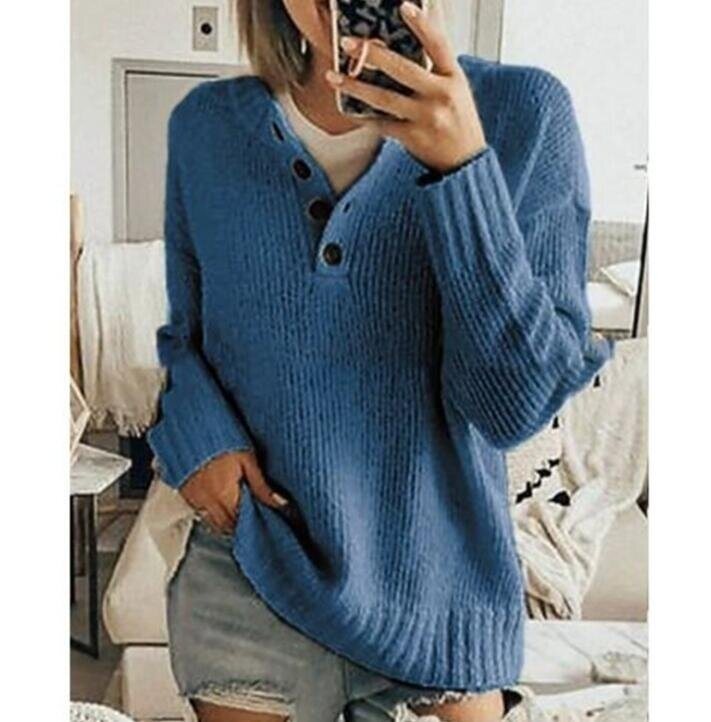 V-neck Casual Button Loose Sweater Pullover