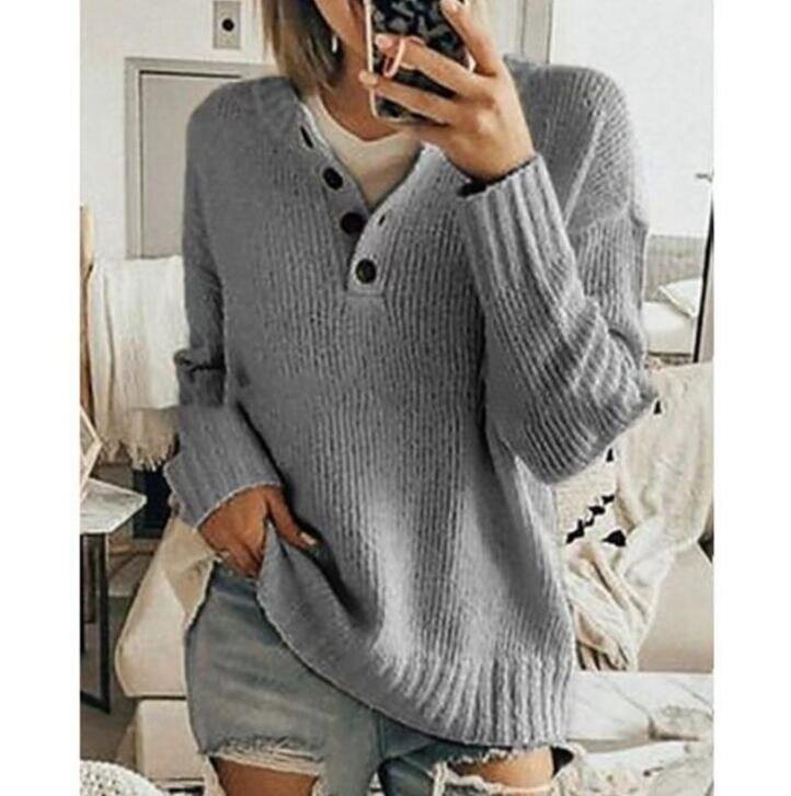 V-neck Casual Button Loose Sweater Pullover