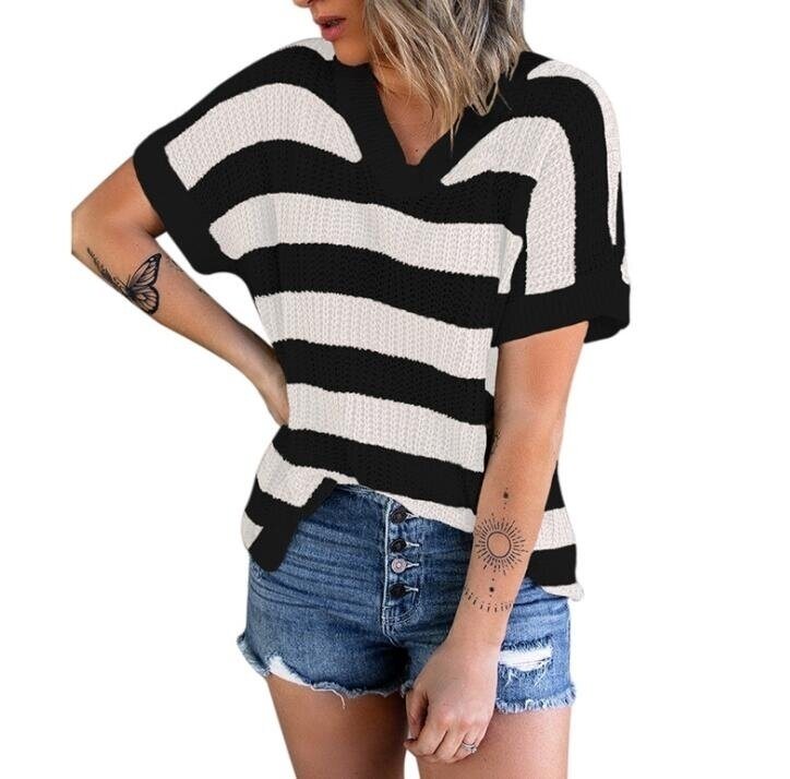 Striped V-neck Short Sleeved Pullover Shirt