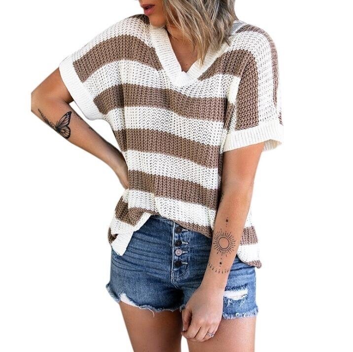 Striped V-neck Short Sleeved Pullover Shirt