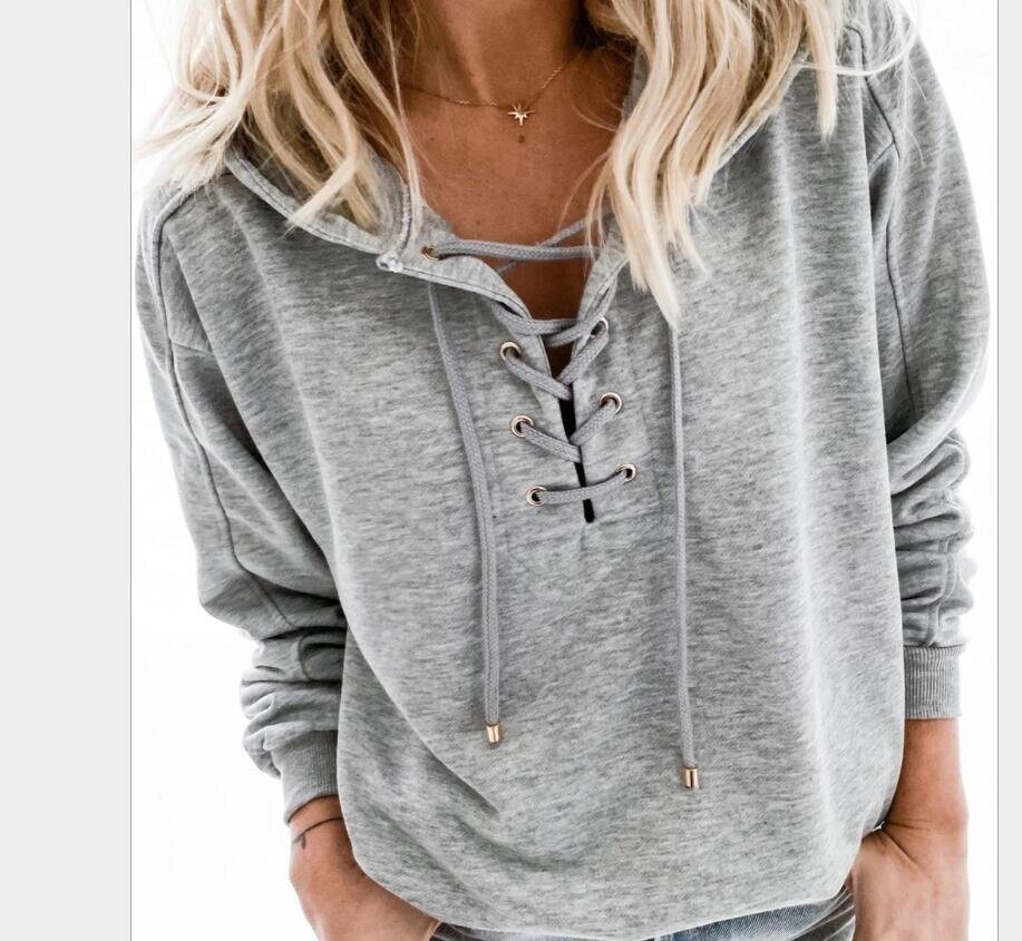 Lace Up V-neck Hooded Sweatshirt