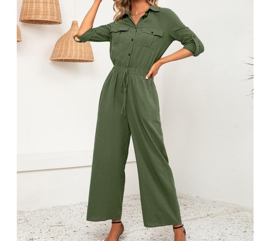 Lapel Long Sleeve Casual Loose Jumpsuit