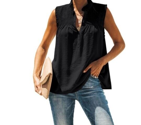 Casual V Neck Pleated Sleeveless Tunic Top Shirt