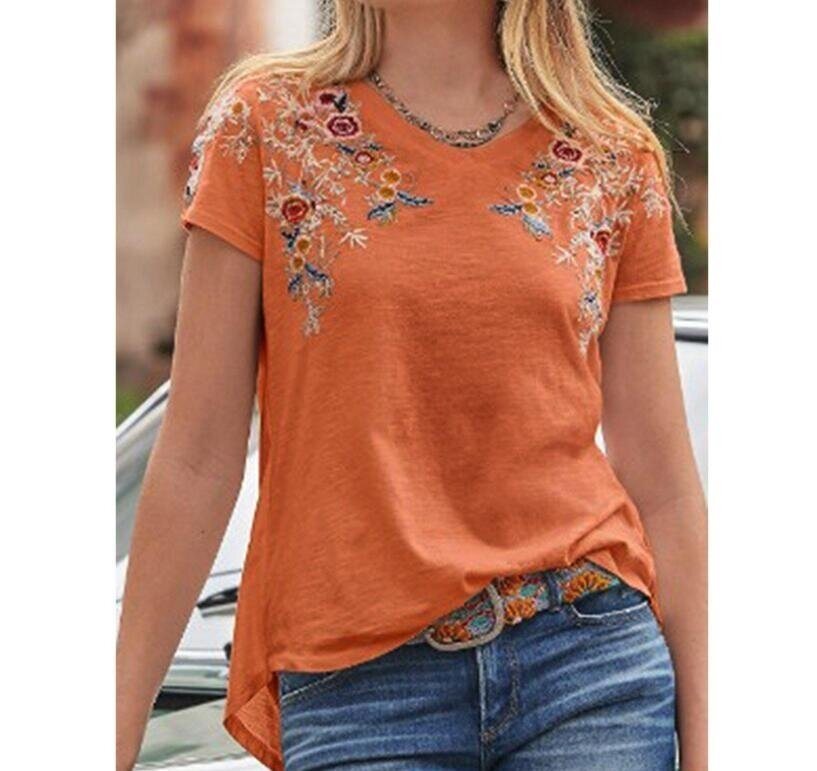 Embroidered T-Shirt Short Sleeve Tops Tee