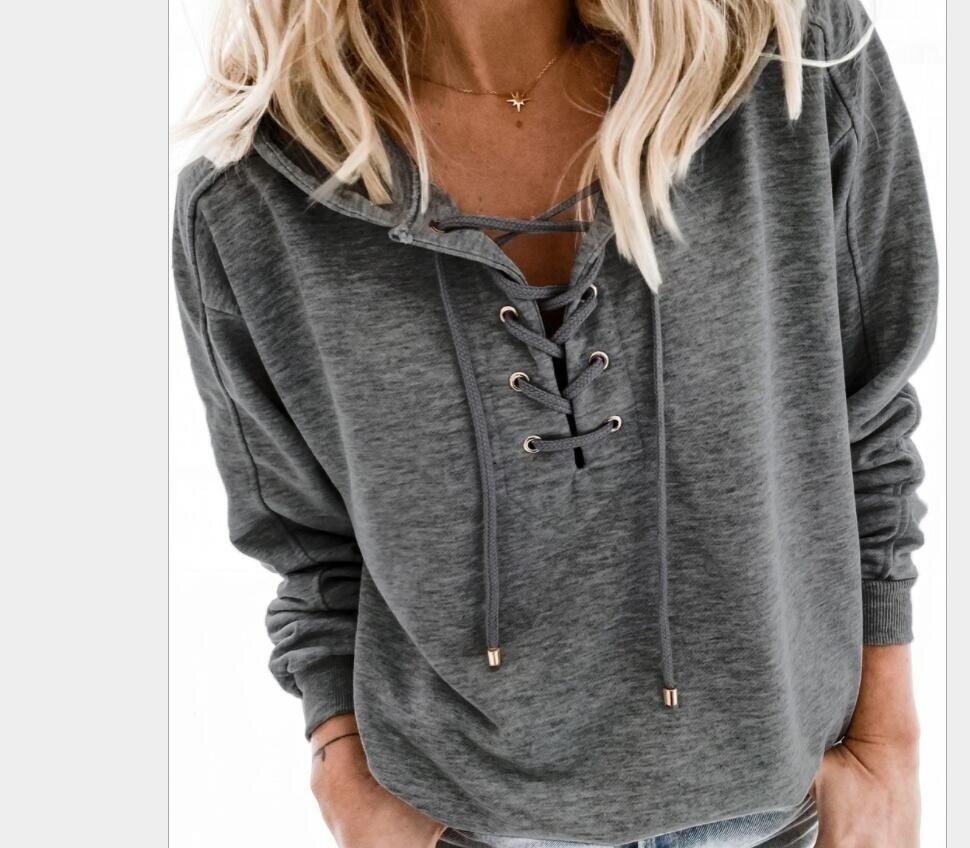 Lace Up V-neck Hooded Sweatshirt