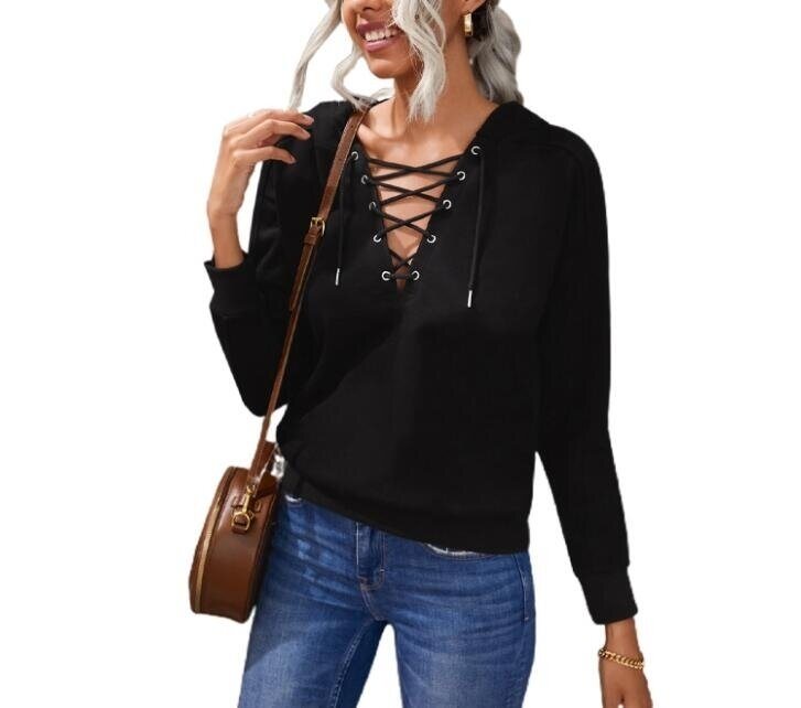 Lace Up V-neck Hooded Sweatshirt