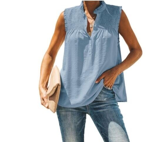 Casual V Neck Pleated Sleeveless Tunic Top Shirt