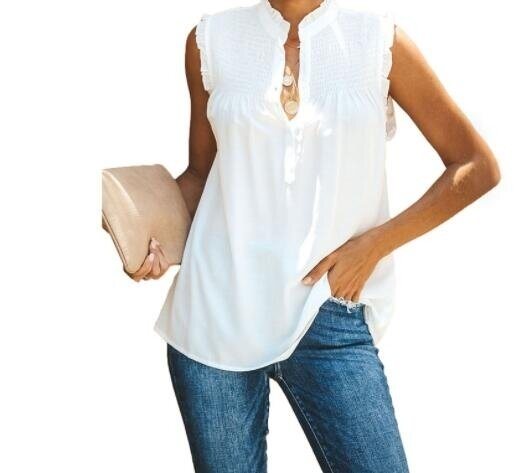 Casual V Neck Pleated Sleeveless Tunic Top Shirt