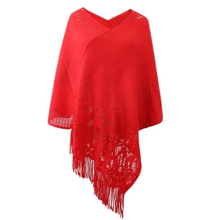 Hollow Cloak Fringed Knitted Shawl Sweater