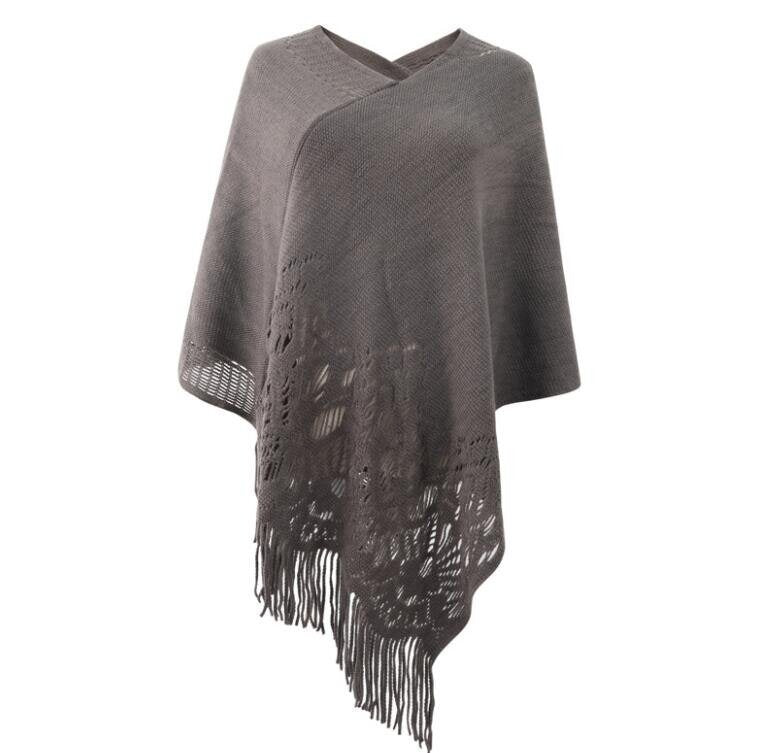 Hollow Cloak Fringed Knitted Shawl Sweater