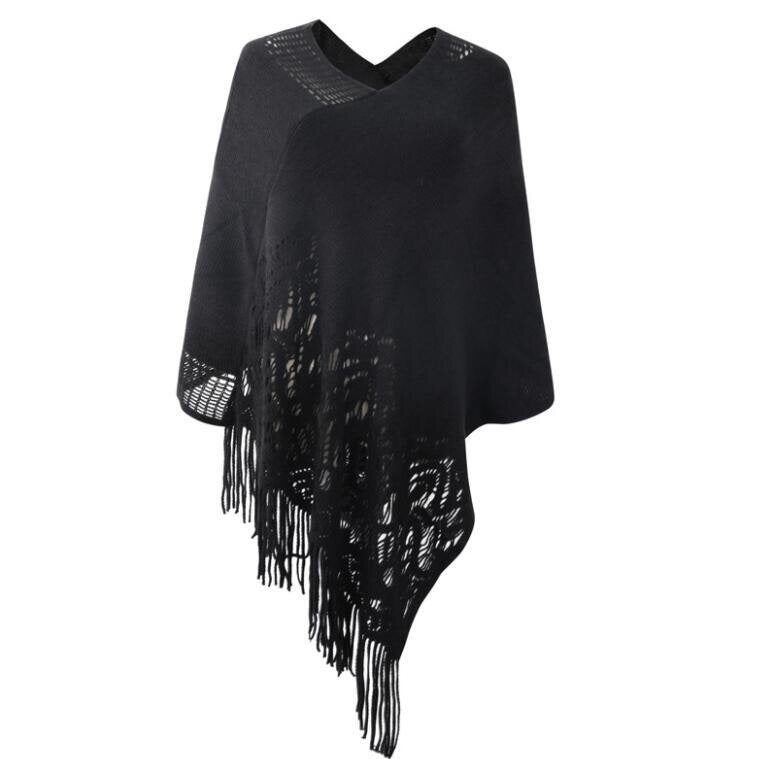 Hollow Cloak Fringed Knitted Shawl Sweater