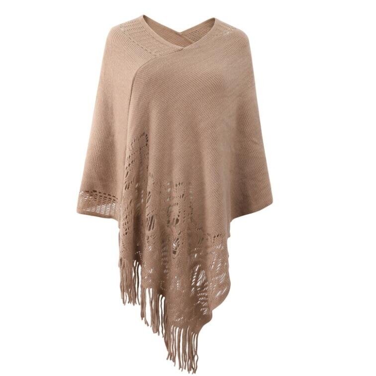 Hollow Cloak Fringed Knitted Shawl Sweater