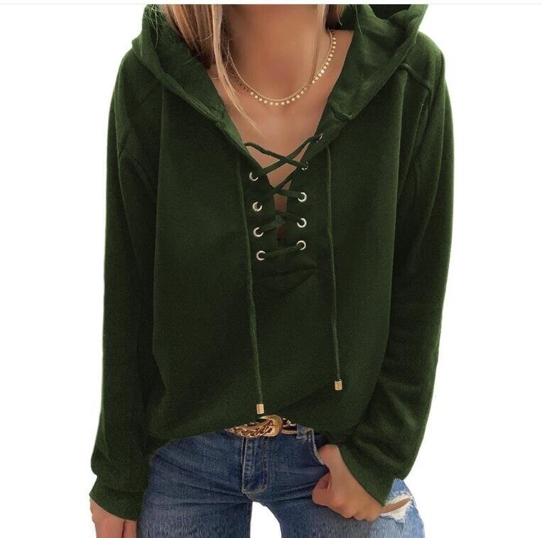 Lace Up V-neck Hooded Sweatshirt