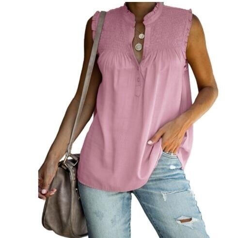 Casual V Neck Pleated Sleeveless Tunic Top Shirt