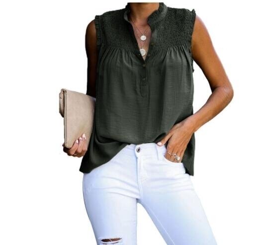 Casual V Neck Pleated Sleeveless Tunic Top Shirt