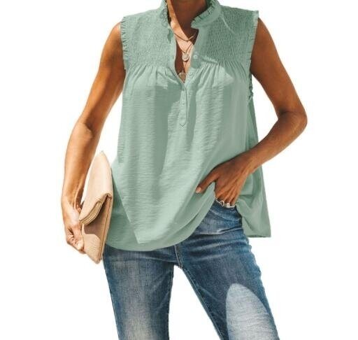 Casual V Neck Pleated Sleeveless Tunic Top Shirt