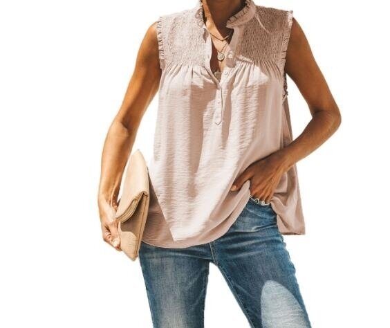 Casual V Neck Pleated Sleeveless Tunic Top Shirt