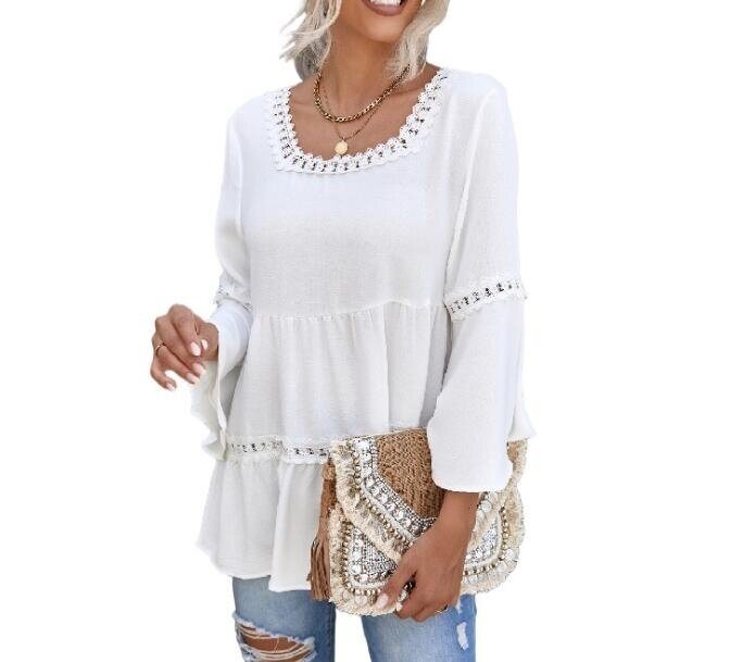 Square Neck Lace Lantern Sleeve Pullover Shirt