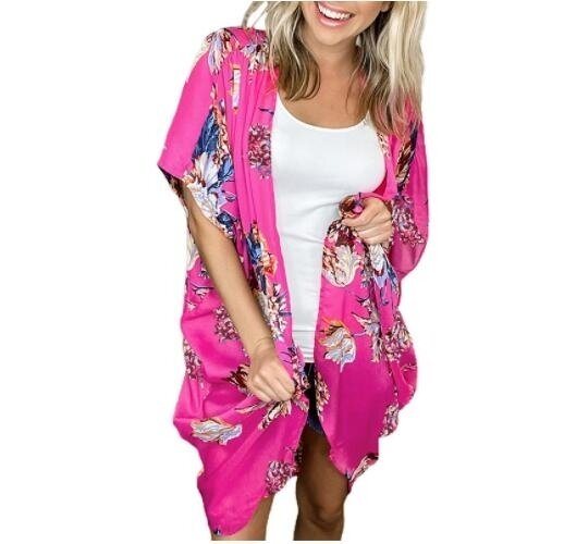 Flower print Beach Blouses Kimono Cardigan Cover Up