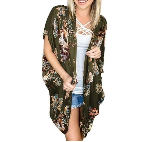 Flower print Beach Blouses Kimono Cardigan Cover Up