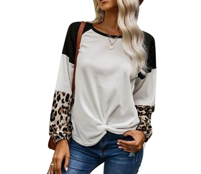 Leopard Print Lantern Sleeve Knotted Sweater