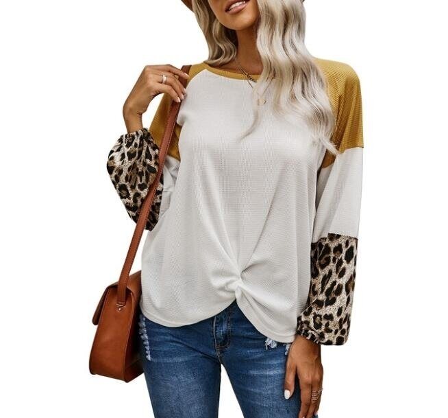 Leopard Print Lantern Sleeve Knotted Sweater