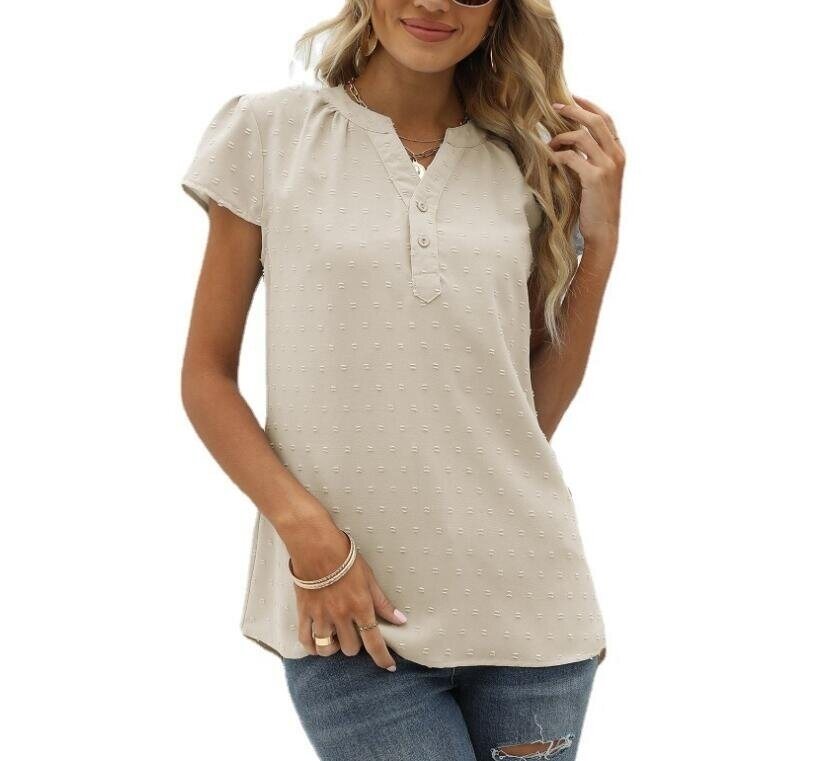 Jacquard Chiffon V-Neck Pullover Short Sleeves Shirt