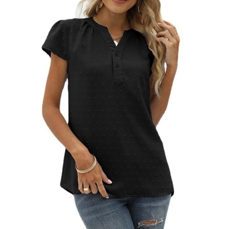 Jacquard Chiffon V-Neck Pullover Short Sleeves Shirt