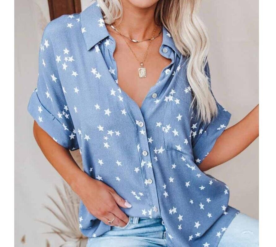 Star Print V-neck Button Bat Short Sleeve Shirt