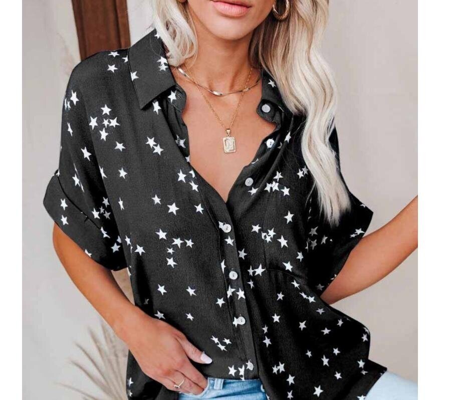 Star Print V-neck Button Bat Short Sleeve Shirt