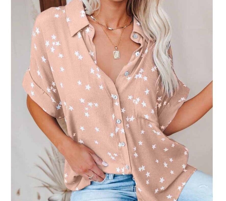 Star Print V-neck Button Bat Short Sleeve Shirt