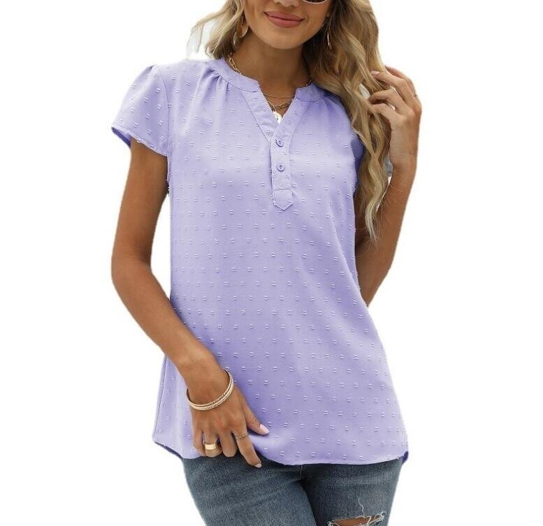 Jacquard Chiffon V-Neck Pullover Short Sleeves Shirt