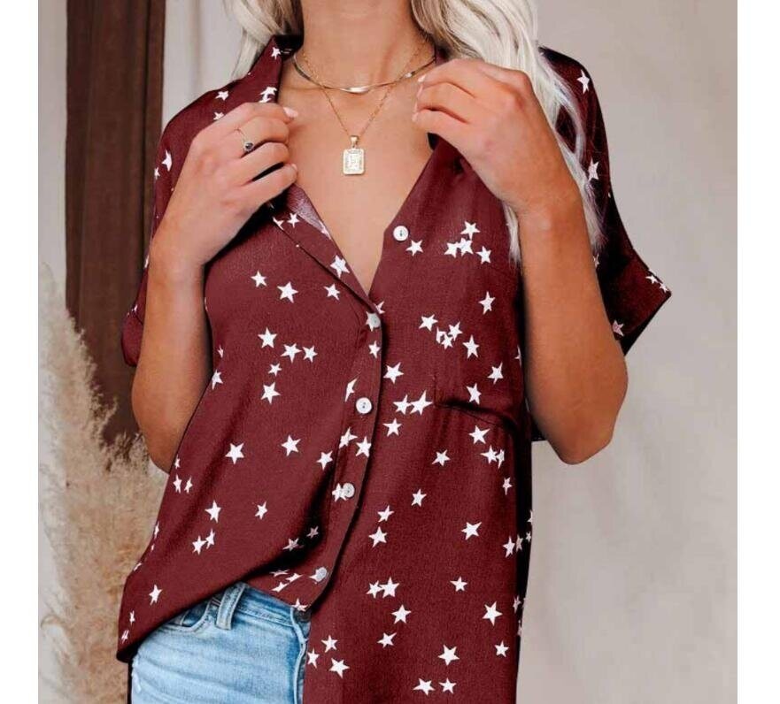 Star Print V-neck Button Bat Short Sleeve Shirt