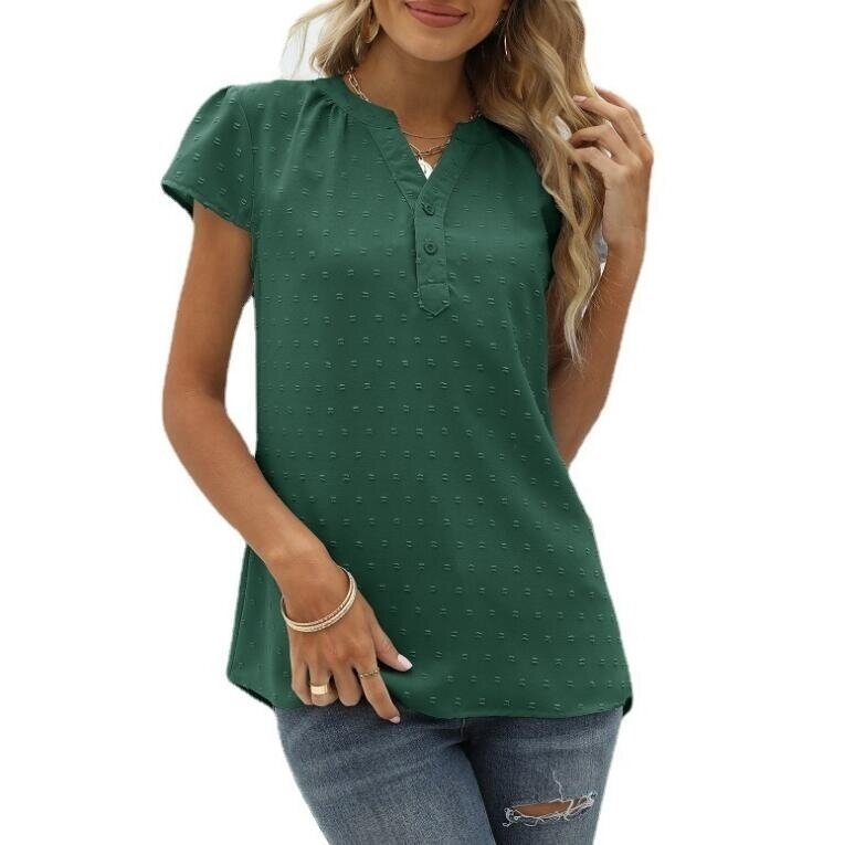 Jacquard Chiffon V-Neck Pullover Short Sleeves Shirt