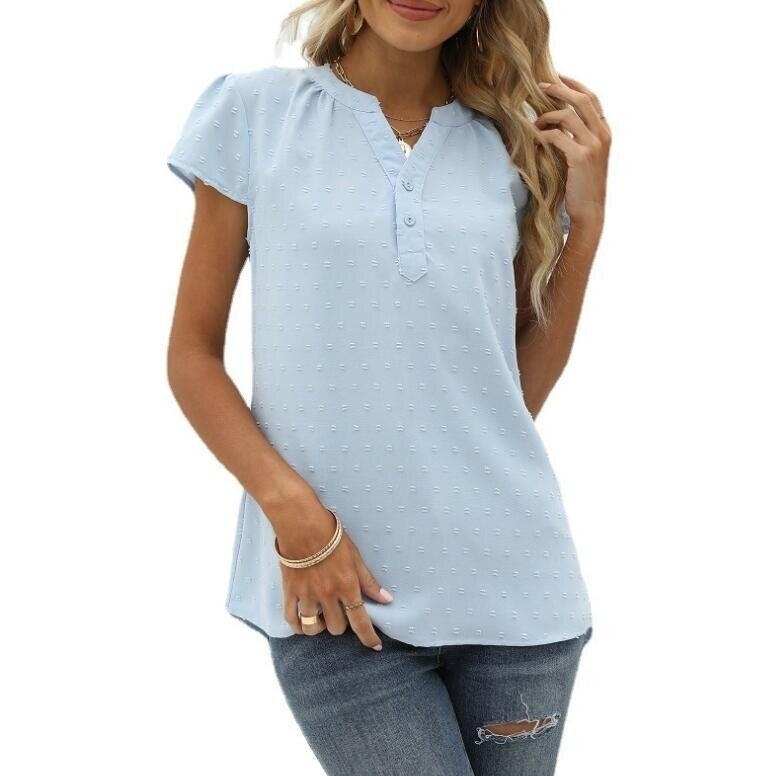 Jacquard Chiffon V-Neck Pullover Short Sleeves Shirt