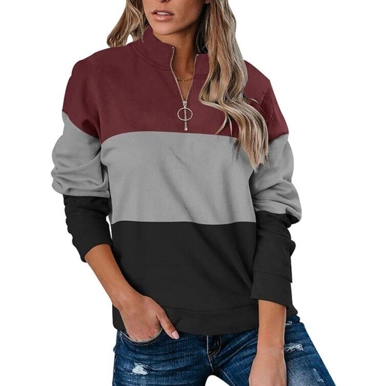 Half Zip Long Sleeved V-neck Colorblock Sweatshirt