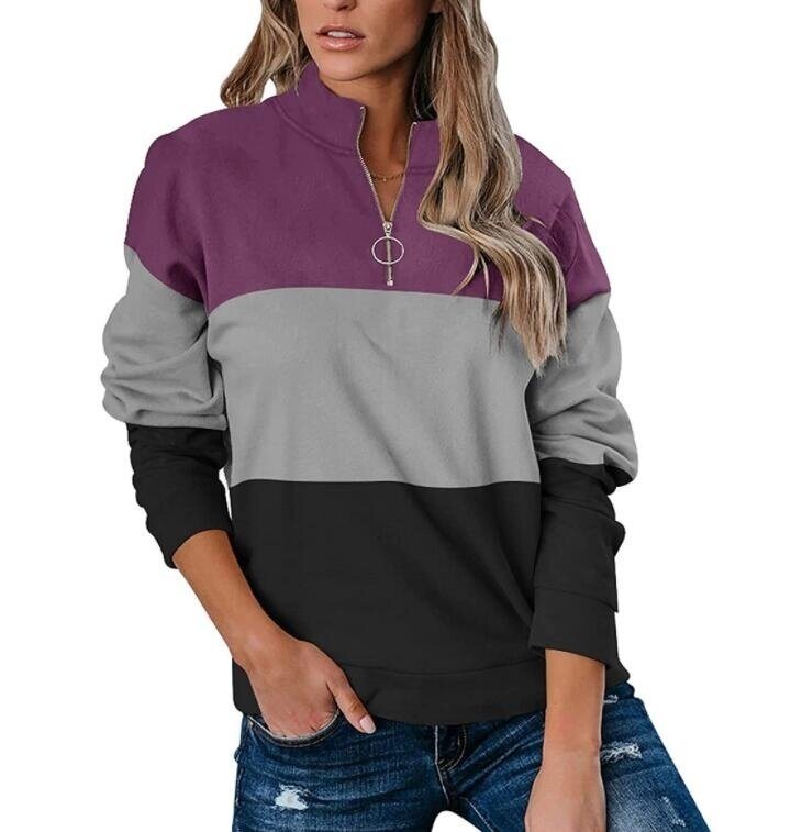 Half Zip Long Sleeved V-neck Colorblock Sweatshirt