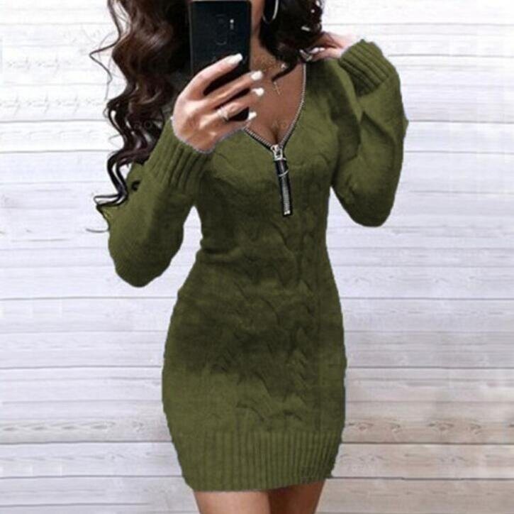 Zipper V-neck Knit Sweater Dress