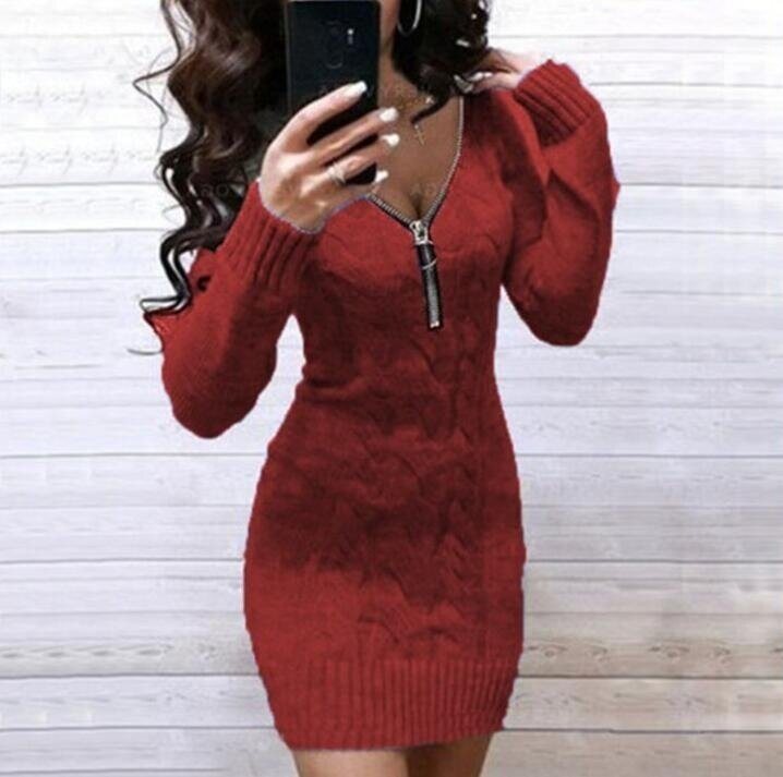 Zipper V-neck Knit Sweater Dress