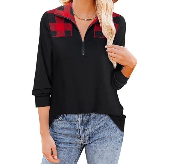 Plaid Print Half Zipper Lapel Long Sleeved Tunics