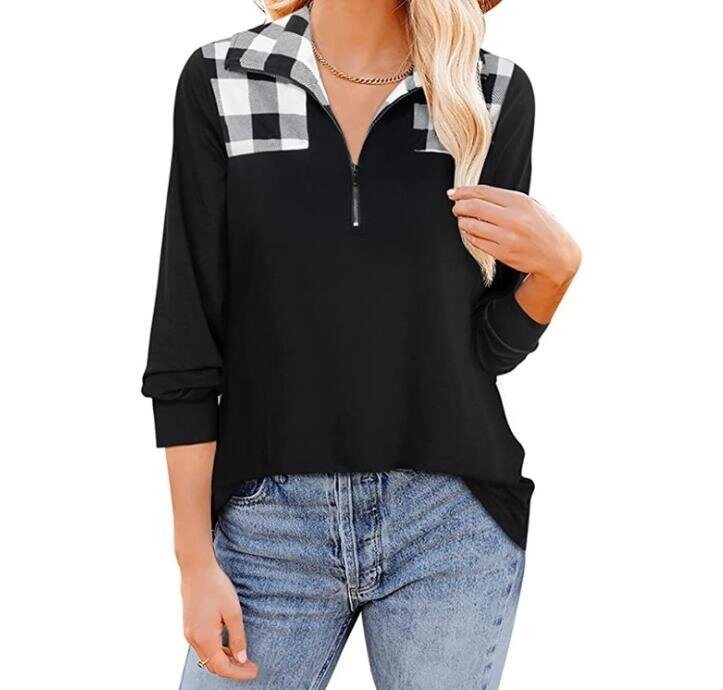 Plaid Print Half Zipper Lapel Long Sleeved Tunics