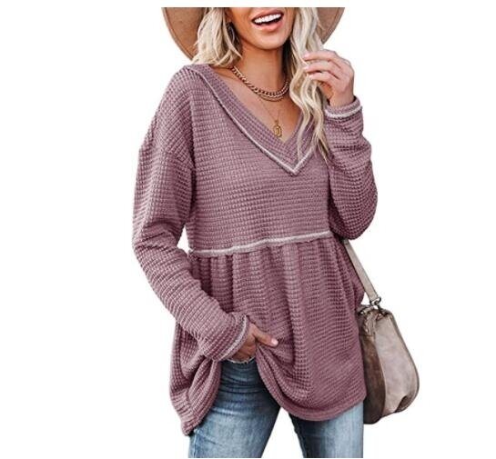 V-neck Long sleeved Waffle Pleated Sweater