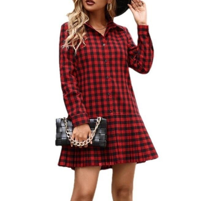 Plaid Long Sleeved Pleated Shirt Dress